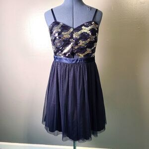 My Michelle Navy Sequin Cocktail Dress Tulle Skirt Waist Cut-Out Embellishment